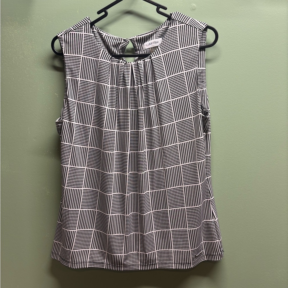 Calvin Klein Gray Sleeveless Blouse with Windowpane Pattern